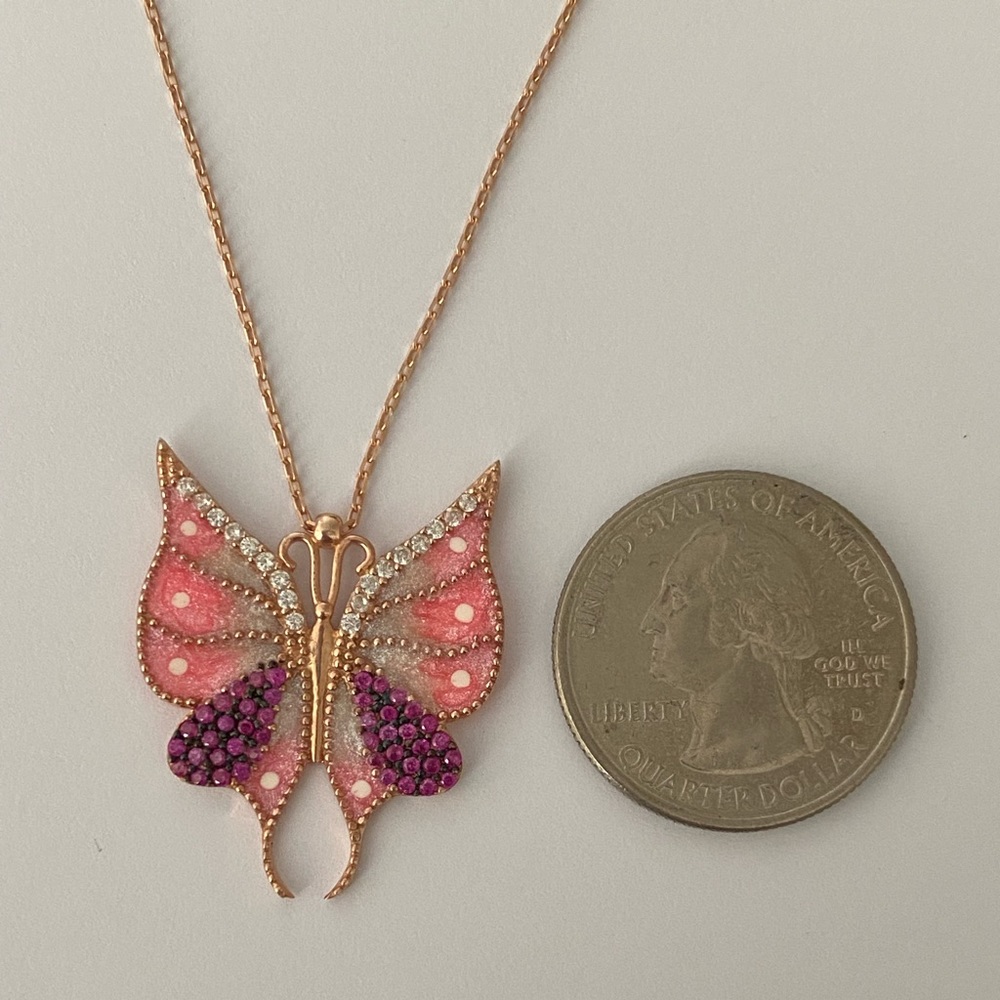 Butterfly necklace 925 silver white pink enamel cubic zirconia cz stones - Picture 4 of 5